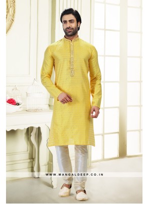 Royal Touch Yellow Jacquard Silk Brocade Kurta Pyjama Set with Mirror Work