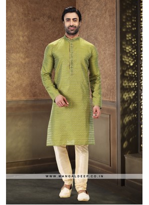 Royal Touch Green Jacquard Silk Brocade Kurta Pyjama Set with Mirror Work