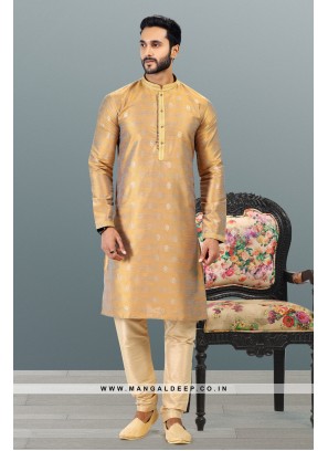Royal Touch Gold Jacquard Silk Brocade Kurta Pyjama Set with Pintex Work