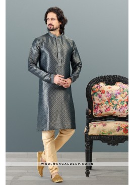 Royal Touch Grey Jacquard Silk Brocade Kurta Pyjam