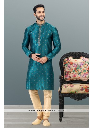 Royal Touch Peacock blue Jacquard Silk Brocade Kurta Pyjama Set with Pintex Work