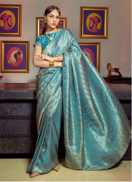 Ruritanian Blue Embroidered Satin Classic Saree