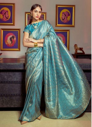 Ruritanian Blue Embroidered Satin Classic Saree