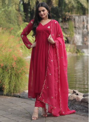 Ruritanian Embroidered Faux Georgette Pink Pant Style Suit