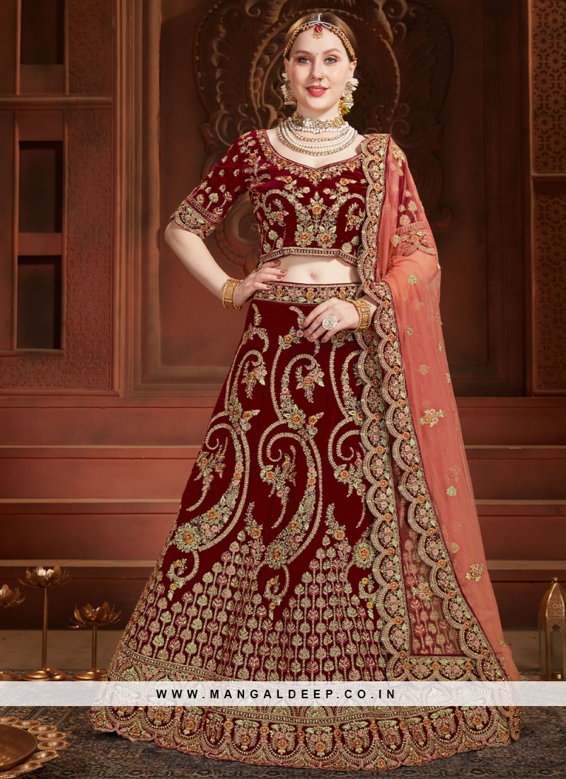 Buy Standard Quality India Wholesale Maroon Velvet Lehenga Choli At  Wholesale Price $108 Direct from Factory at Shree Exports |  Globalsources.com