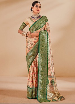 Ruritanian Weaving Cream and Green Silk Contemporary Saree