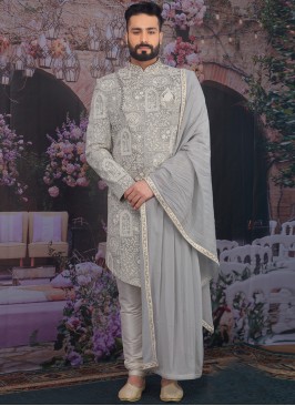 Sangeet Function Wear Banarasi,Silk Fancy Grey Color Sherwani