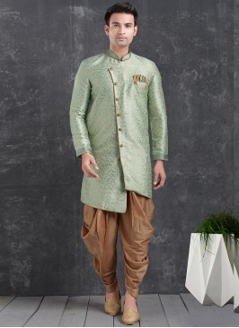 Sangeet Function Wear Green Color Jacquard Silk Indo Western Kurta Pajama