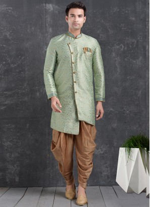 Sangeet Function Wear Green Color Jacquard Silk Indo Western Kurta Pajama