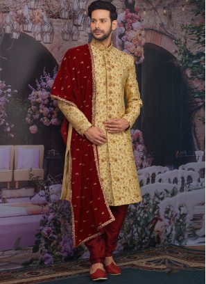 Sangeet Function Wear Jacquard Silk Fancy Gold Color Sherwani