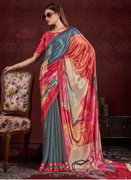 Saree Digital Print Crepe Silk in Multi Colour