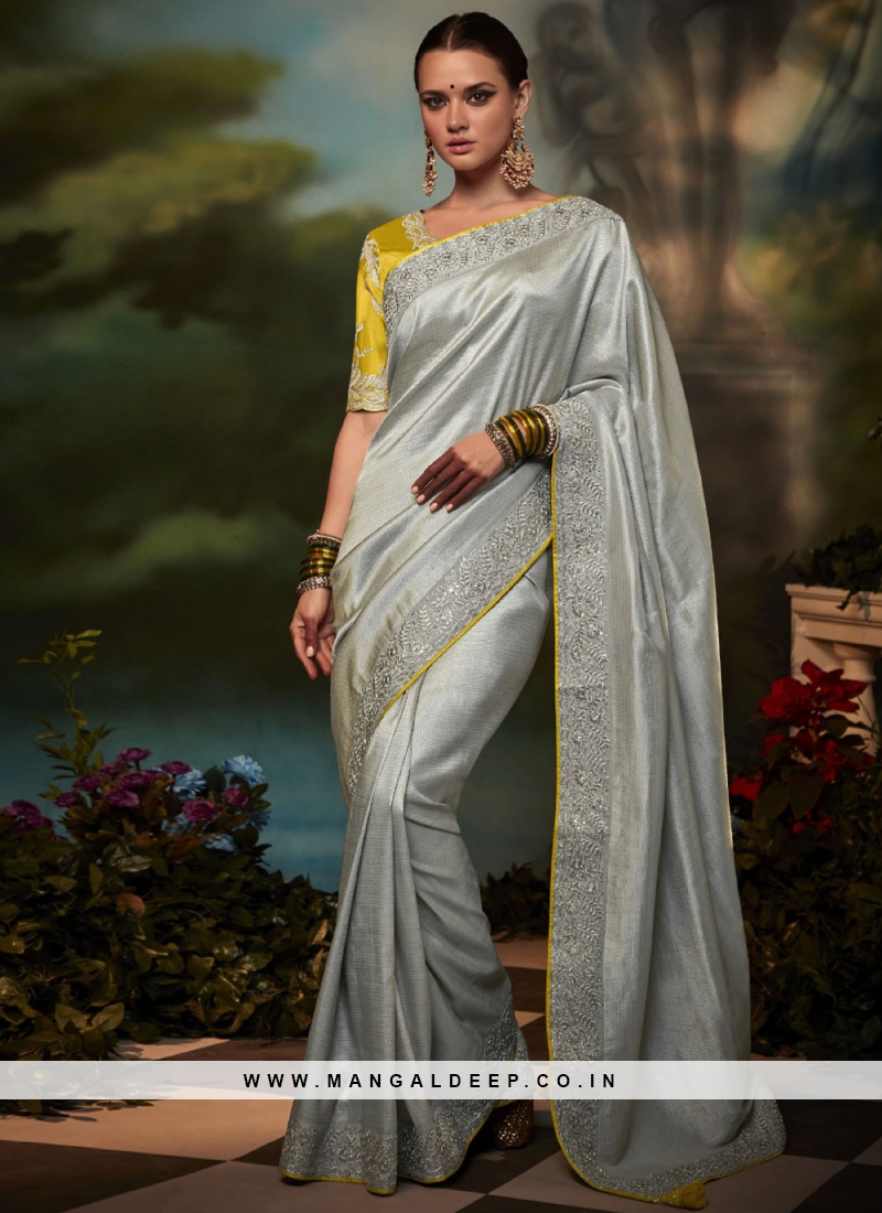 Firozi with Silver Pattu Silk Saree with All Over Beauthful Floral Jac -  House of Begum's