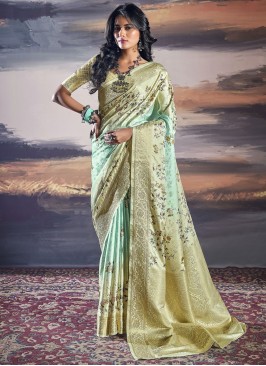 Satin Aqua Blue and Sea Green Trendy Saree