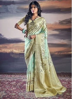 Satin Aqua Blue and Sea Green Trendy Saree