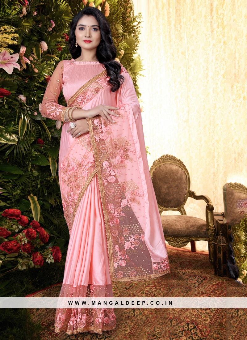 Women's Pink Silk Net Embroidered Heavy Border Bollywood Designer Saree  With Unstitched Designer Blouse Piece ( Pink)