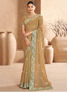 Satin Embroidered Trendy Saree in Khaki