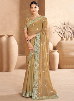 Satin Embroidered Trendy Saree in Khaki