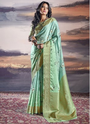 Satin Firozi Digital Print Designer Saree