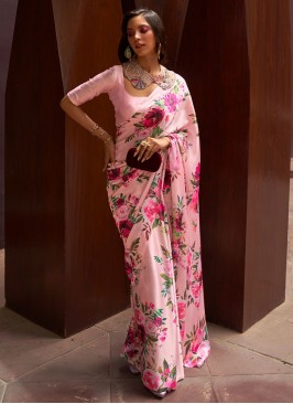 Satin Floral Print Pink Trendy Saree