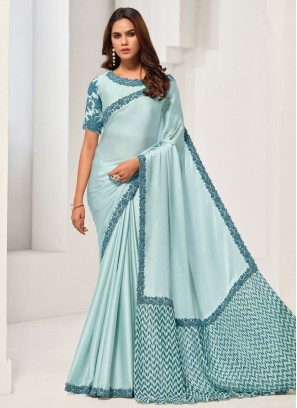 Satin Silk Border Aqua Blue Contemporary Saree