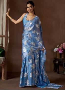 Satin Silk Border Designer Saree in Blue