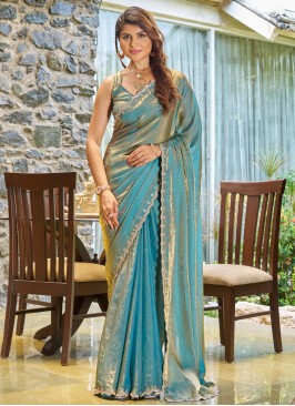 Satin Silk Cutdana Designer Saree in Firozi