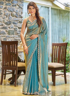 Satin Silk Cutdana Designer Saree in Firozi