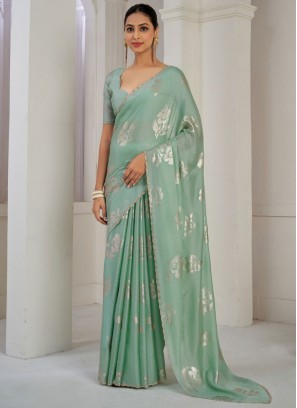 Satin Silk Cutdana Sea Green Trendy Saree