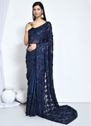 Satin Silk Embroidered Classic Saree in Blue