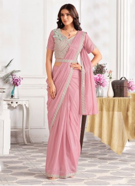 Satin Silk Embroidered Classic Saree in Pink