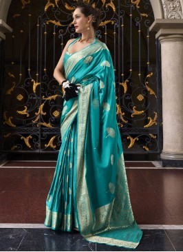 Satin Silk Firozi Contemporary Saree