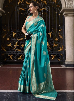 Satin Silk Firozi Contemporary Saree