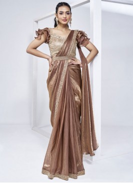 Satin Silk Handwork Trendy Saree in Brown