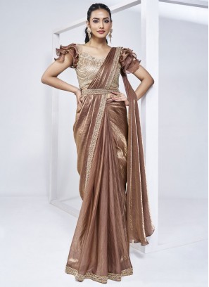 Satin Silk Handwork Trendy Saree in Brown