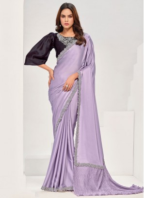 Satin Silk Lavender Moti Designer Saree