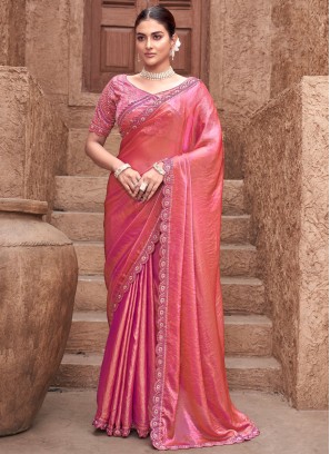 Satin Silk Pink Designer Bollywood Saree