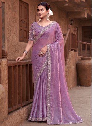 Satin Silk Purple Embroidered Trendy Saree