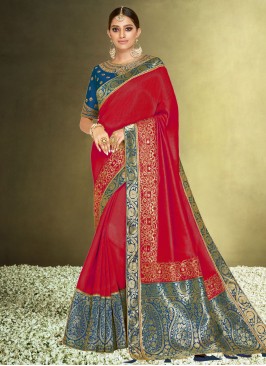 Satin Silk Red Traditional Saree