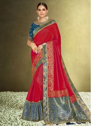 Satin Silk Red Traditional Saree