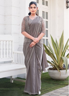 Satin Silk Stone Classic Saree in Grey