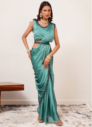 Satin Silk Swarovski Blue and Teal Contemporary Saree