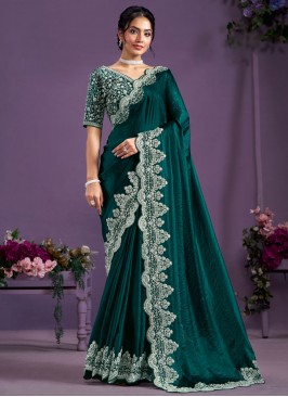 Satin Silk Thread Green and Teal Contemporary Saree