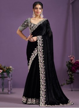 Satin Silk Thread Traditional Saree in Black