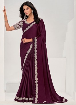 Satin Silk Wine Lace Trendy Saree