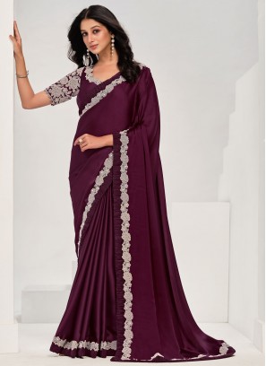 Satin Silk Wine Lace Trendy Saree