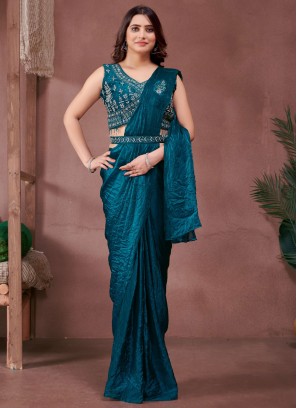 Satin Teal Trendy Saree