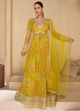 Savory Green and Yellow Thread Georgette Readymade Floor Length Gown 