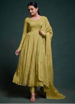 Savory Mustard Printed Organza Trendy Salwar Suit