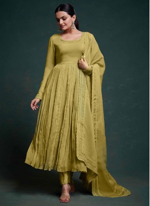 Savory Mustard Printed Organza Trendy Salwar Suit