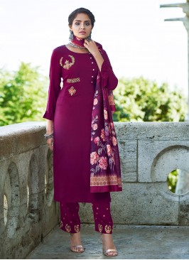 Savory Rayon Embroidered Purple Straight Salwar Suit